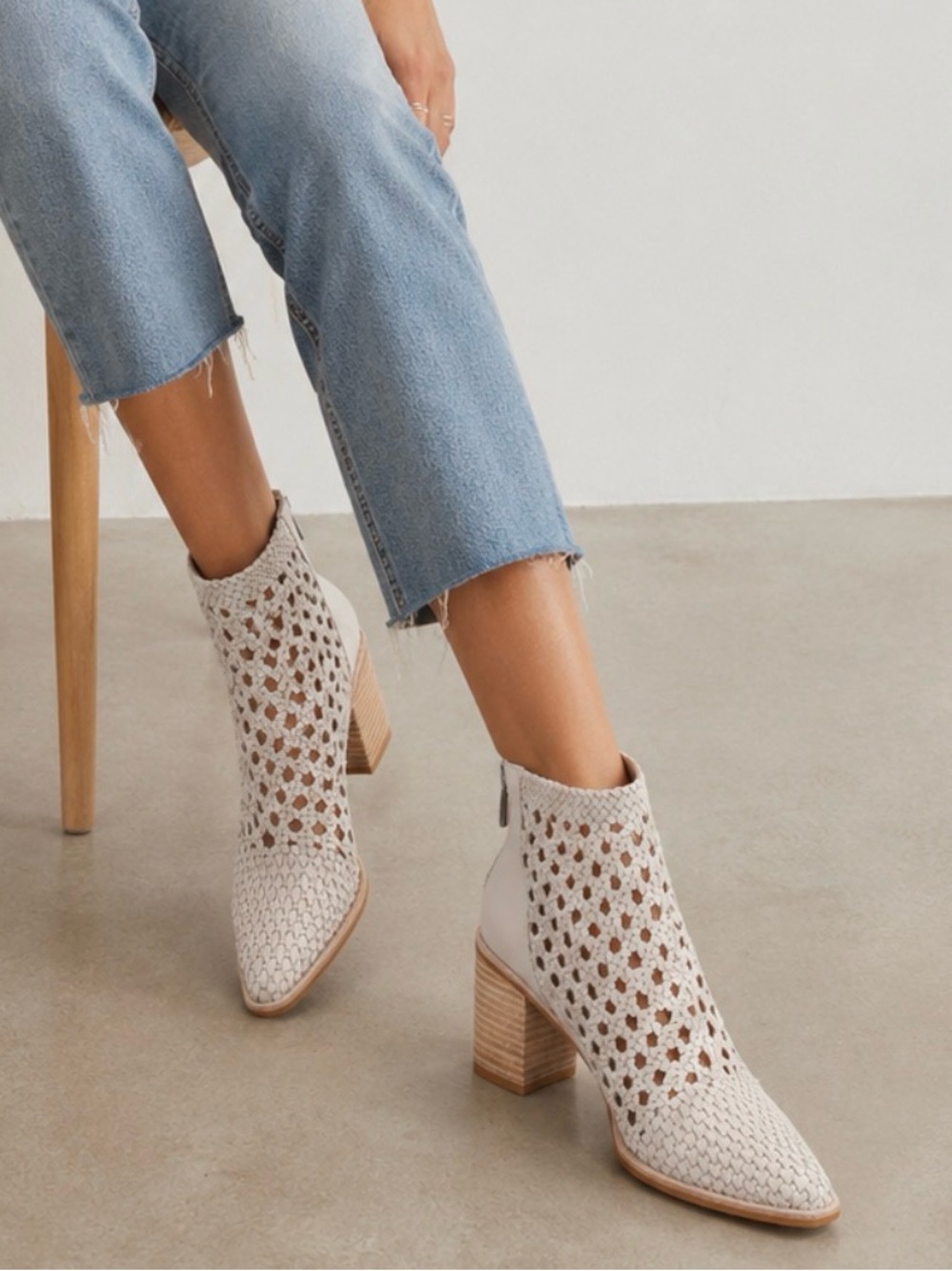 PAIGE - womenβs Lilah Woven leather booties Ivory pointed toe ankle boots Size 8